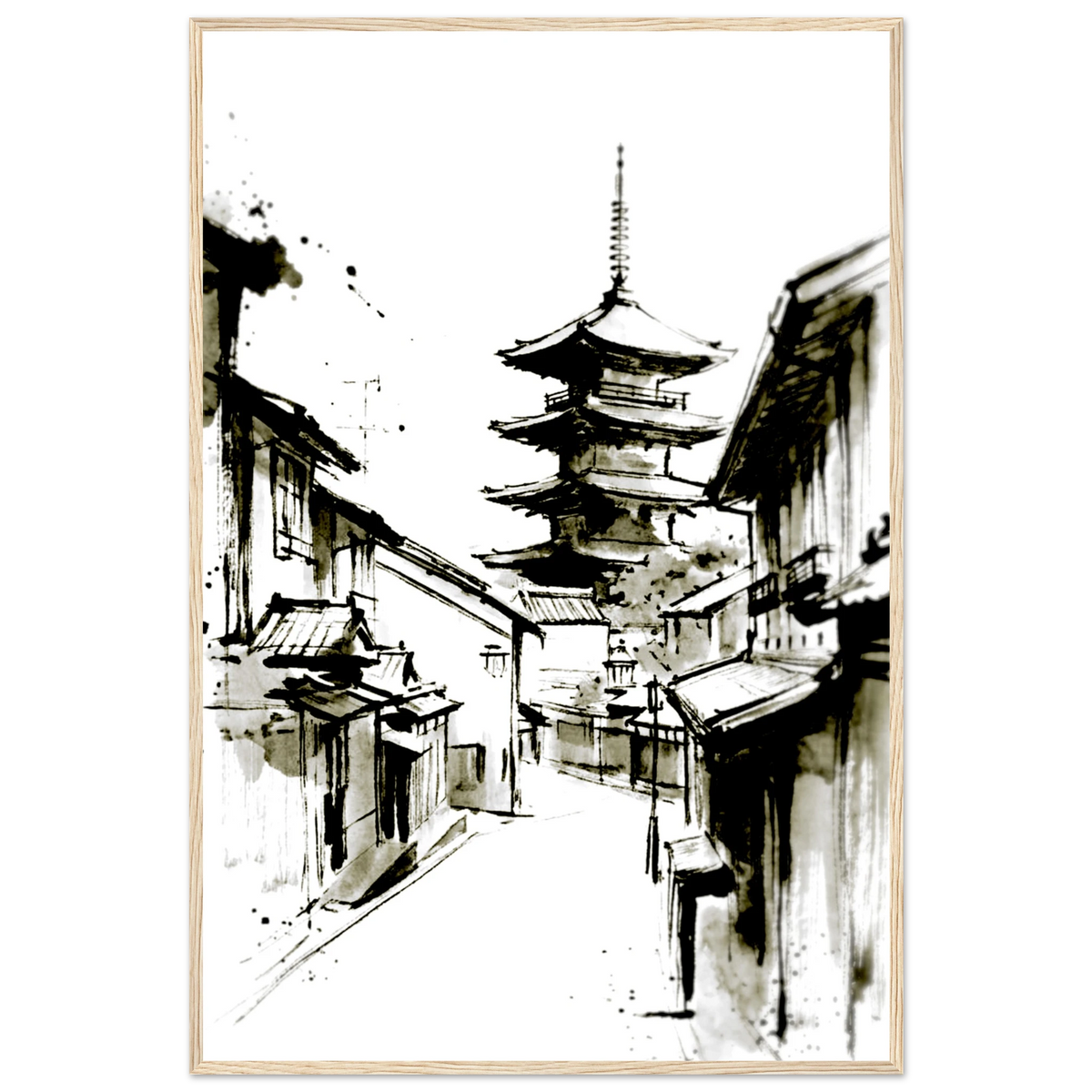 Japanese pagoda town ink wash poster in a light wood frame, minimalist artwork