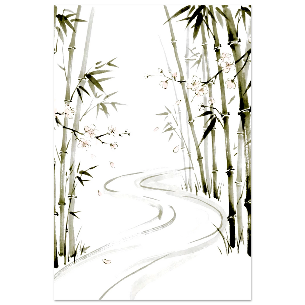 Unframed bamboo blossom forest ink wash poster, pink flowers and misty path