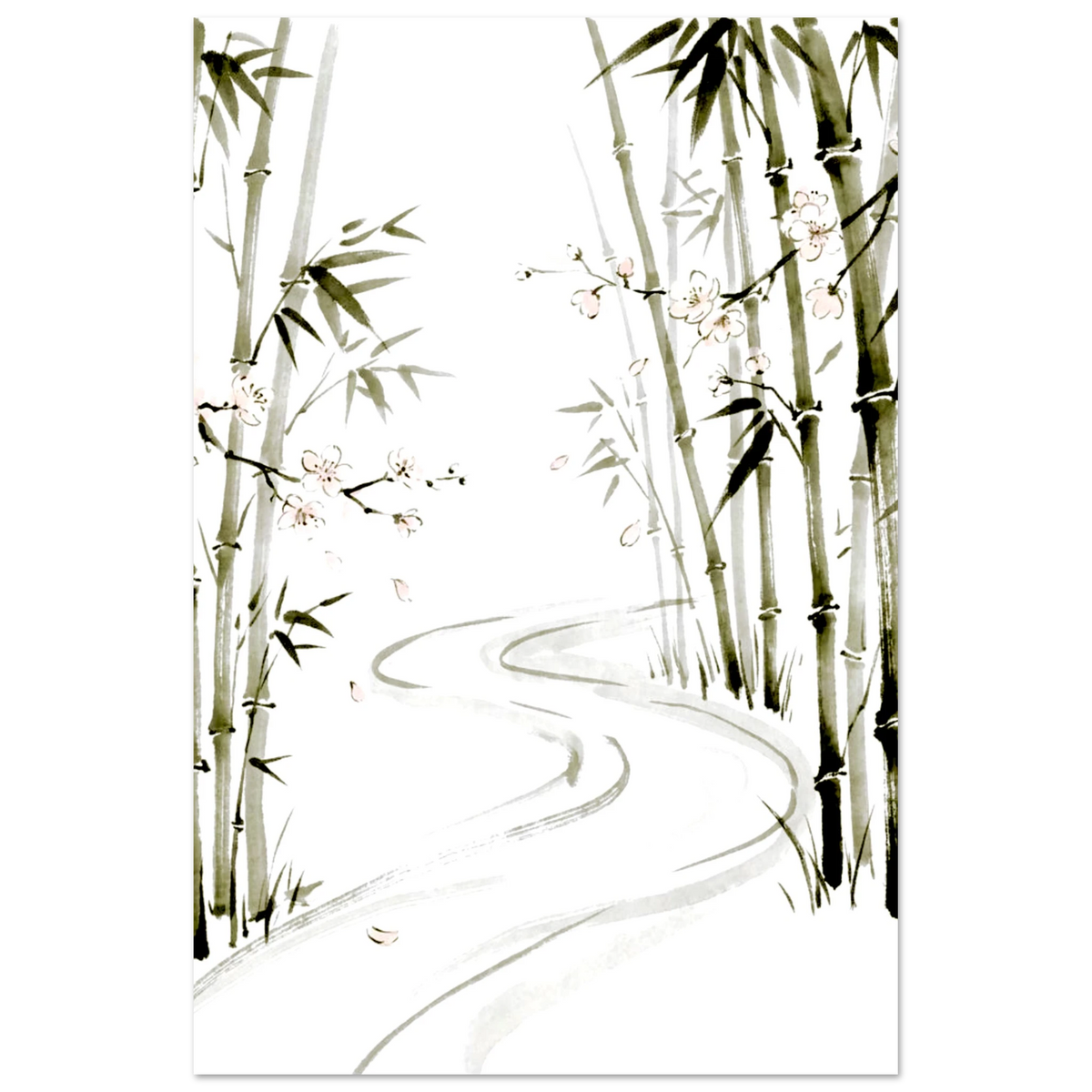 Unframed bamboo blossom forest ink wash poster, pink flowers and misty path