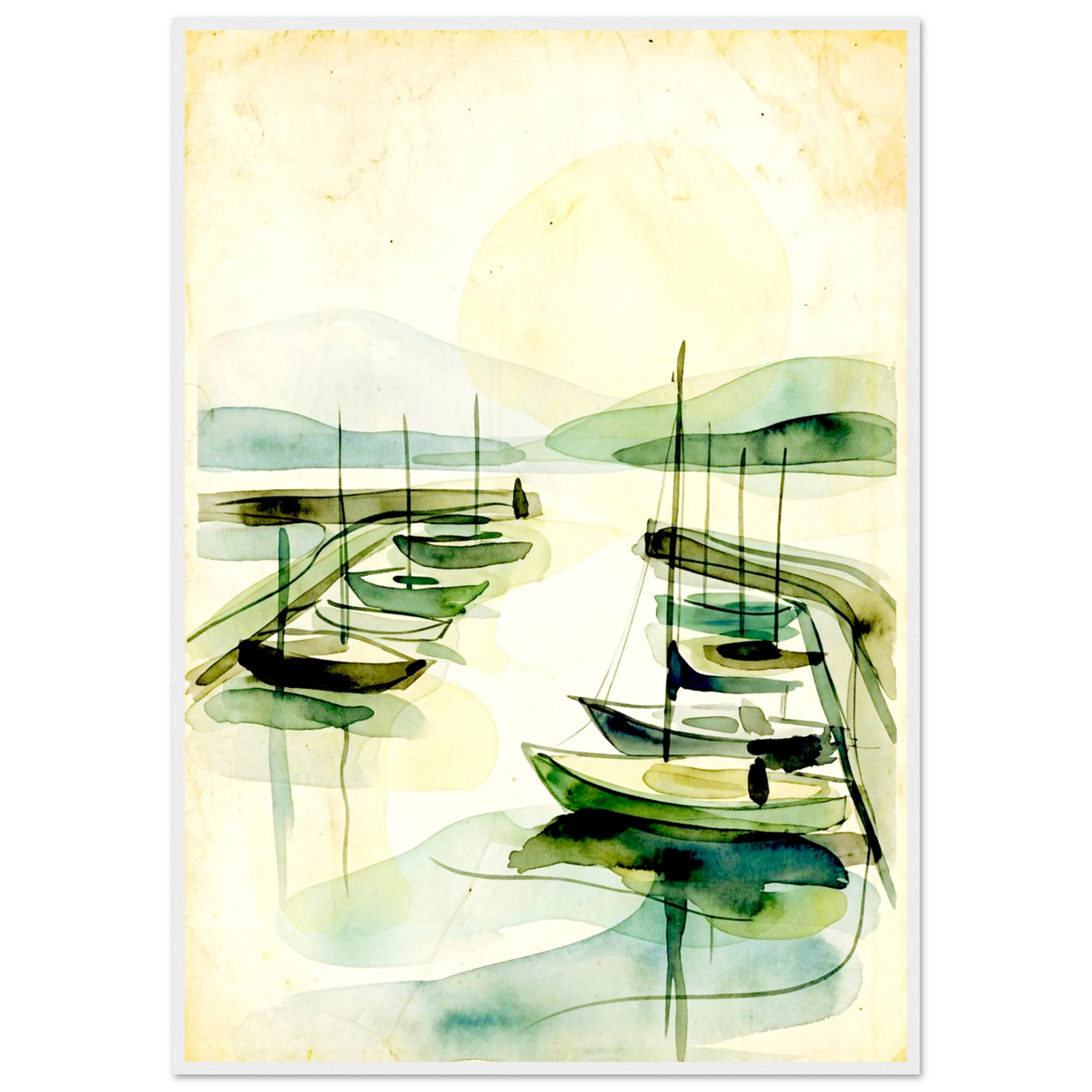 Safe Harbor sailboat watercolor poster in a white frame, minimalist green and blue washes