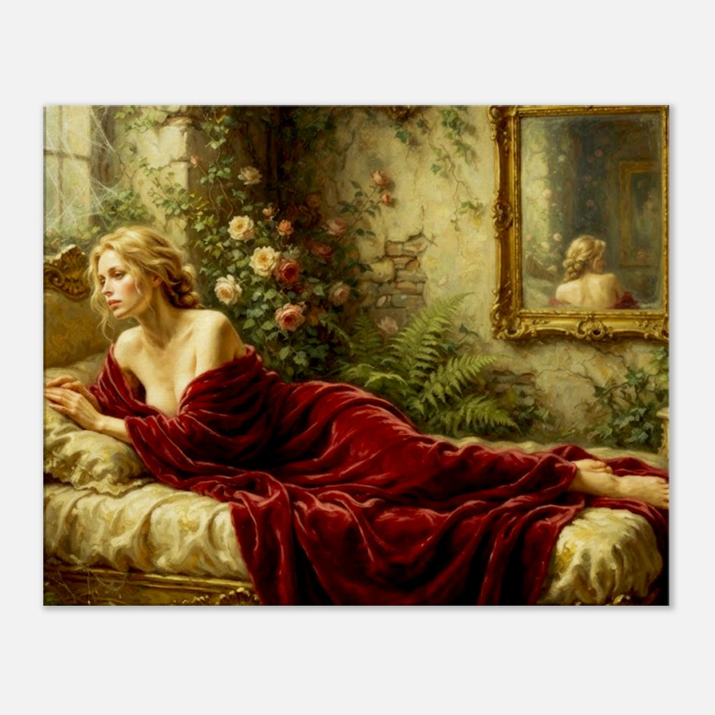 A woman draped in a red velvet robe lounging in an overgrown victorian style room