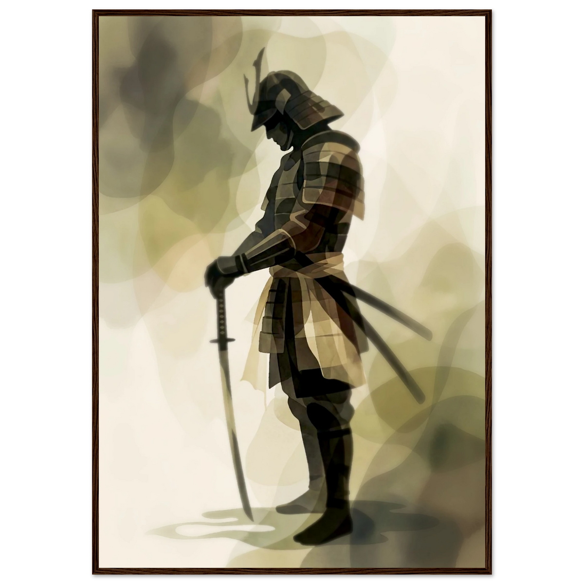 Samurai sumi-e style poster in a dark wood frame, minimalist ink wash warrior artwork