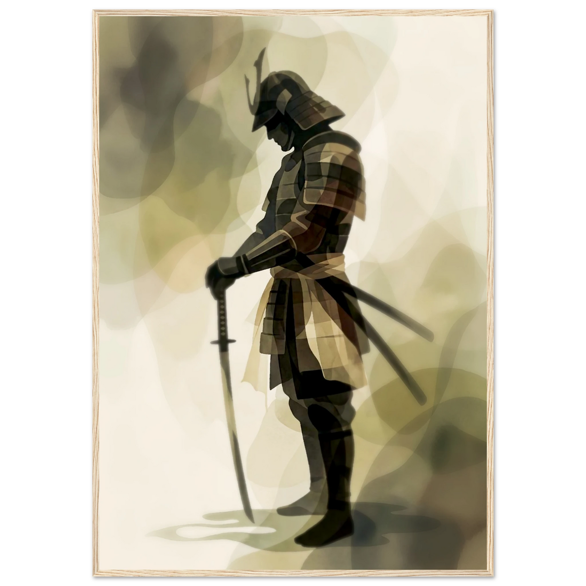 Samurai sumi-e poster in a light wood frame, minimalist ink wash artwork