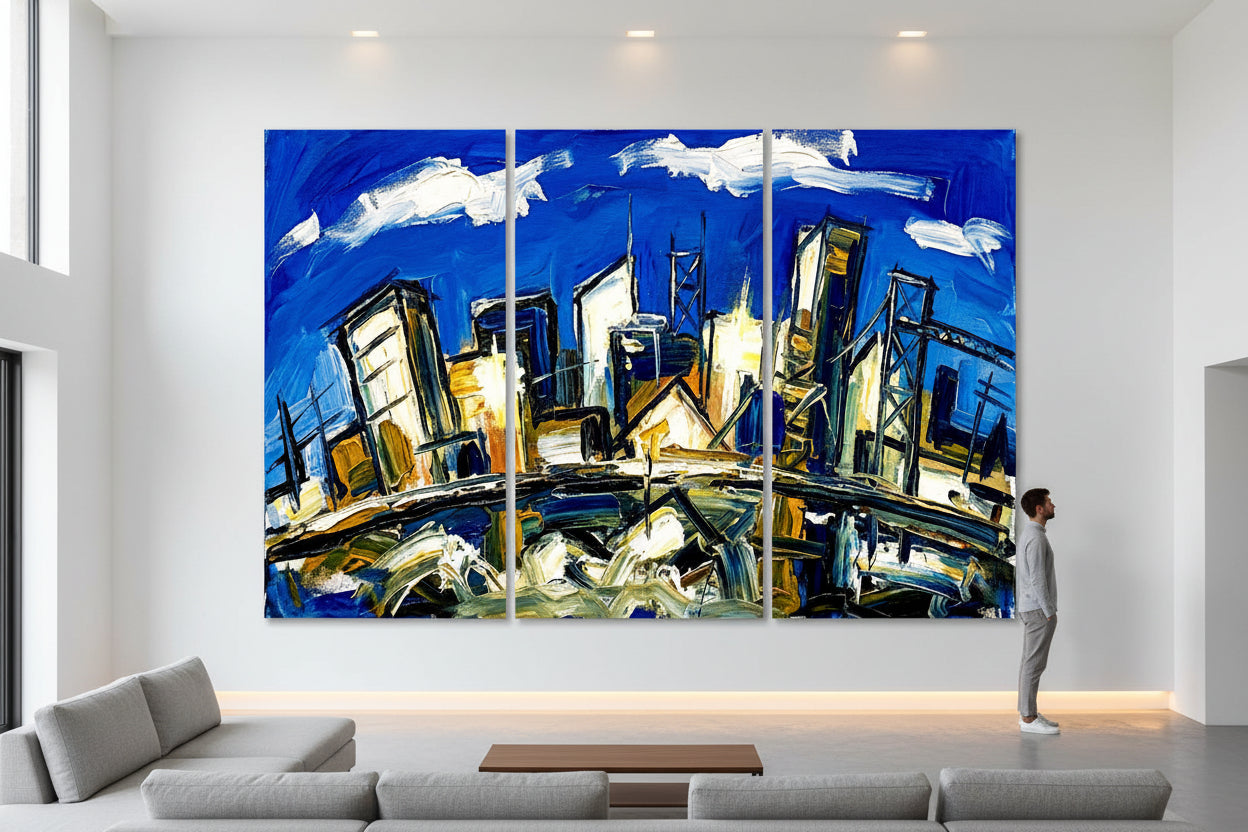 Triptych painting of a cityscape with a blue sky and abstract elements.