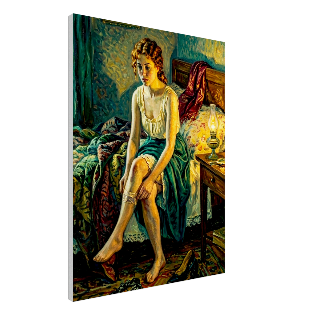 An Impressionist styled Boudoir painting of a woman sitting on her bed pulling up a garter notable red and green colors.