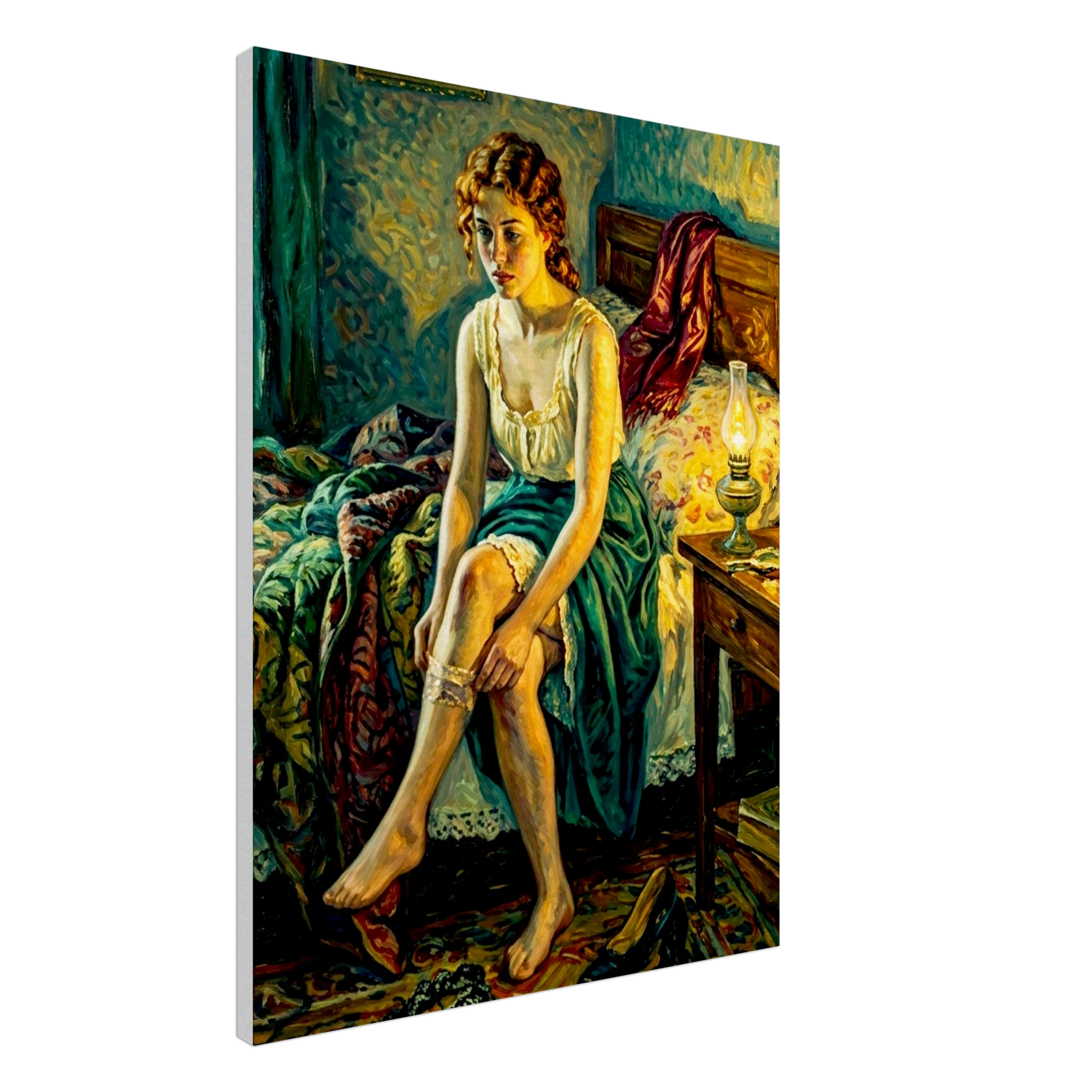 An Impressionist styled Boudoir painting of a woman sitting on her bed pulling up a garter notable red and green colors.