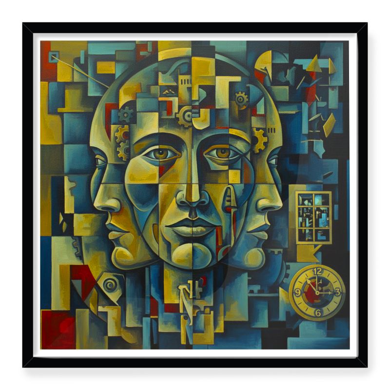 Time framed art print, Cubist geometric abstract study with vibrant interconnected shapes, 310 gsm matte art paper in a black box frame.