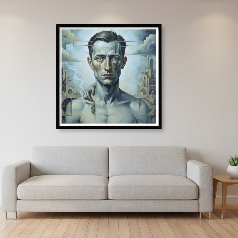 Framed dali-esque artwork of a man's portrait with apocalyptical architectural elements and clouds in the background hung over a couch.