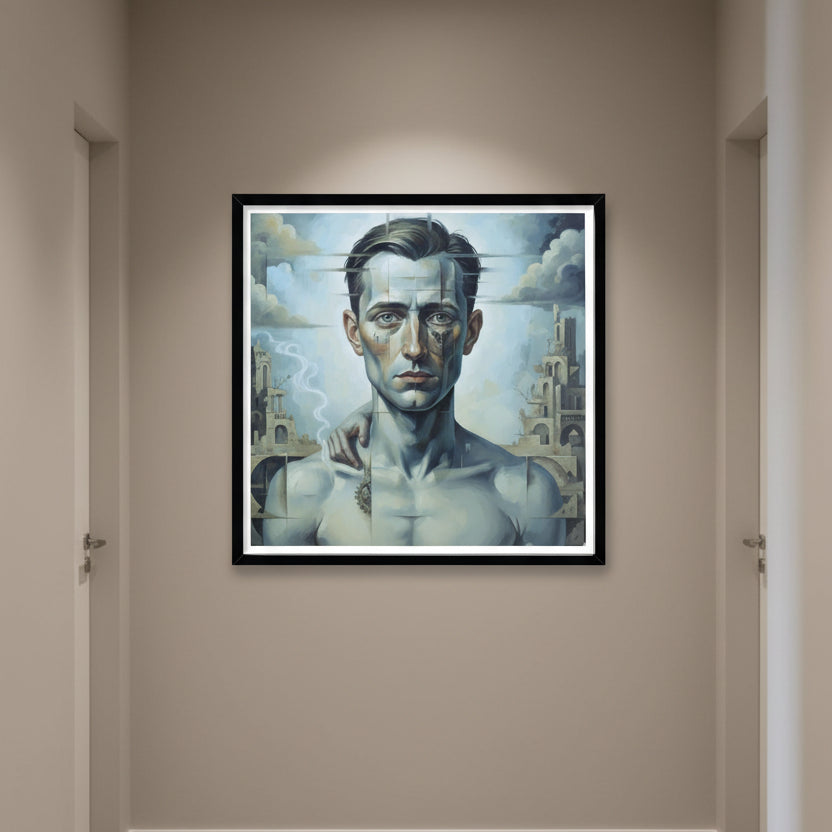 Framed slavador dali style artwork of a man's portrait with apocalyptical architectural elements and clouds in the background hung in a hallway