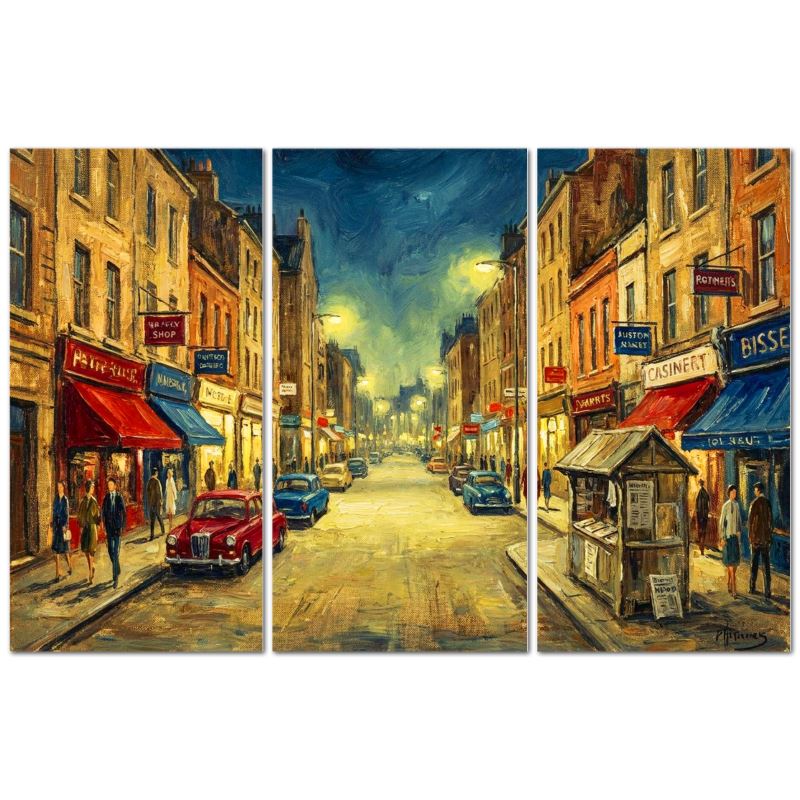Triptych painting of a city street scene with vintage cars and pedestrians.