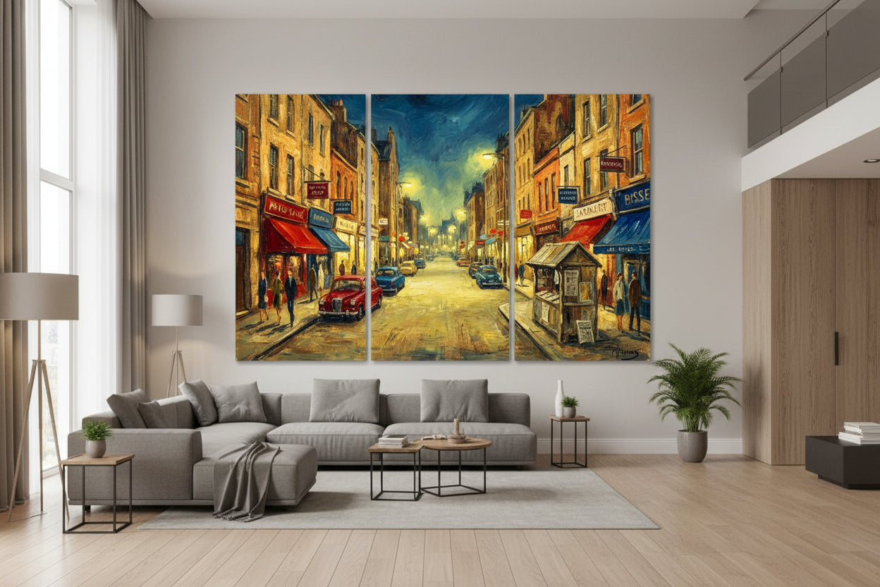 Triptych painting of a city street scene with vintage cars and pedestrians.