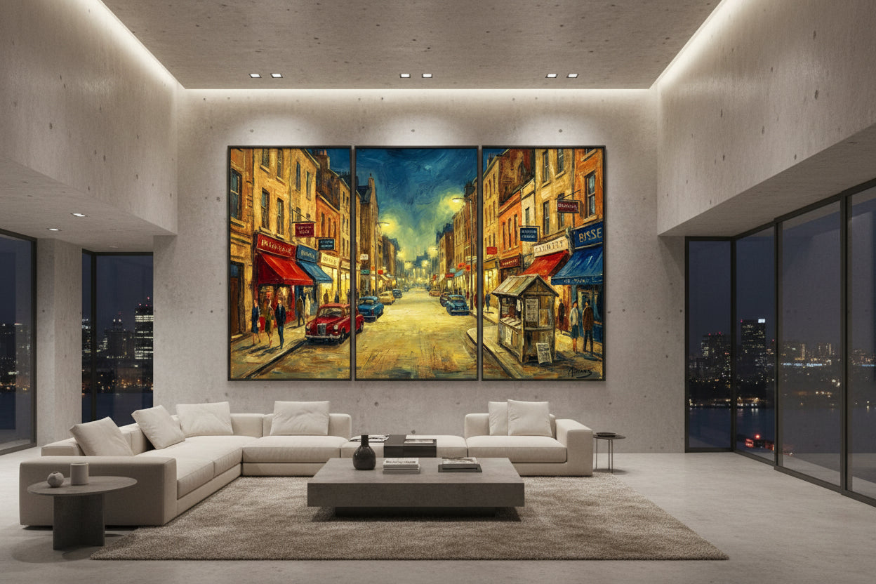 Triptych painting of a city street scene with vintage cars and pedestrians.