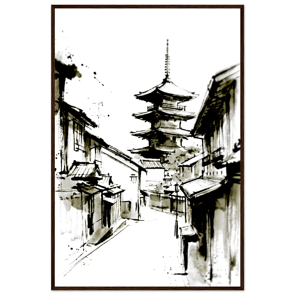 Japanese pagoda town ink wash poster in a dark wood frame, minimalist street scene