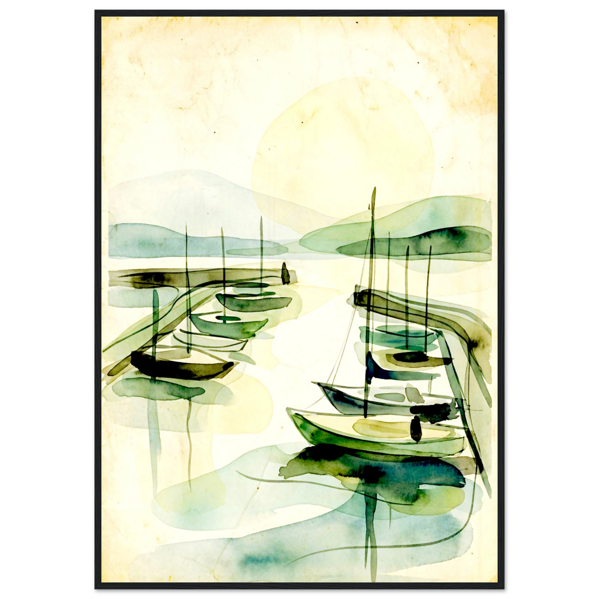 Safe Harbor minimalist sailboat poster in a dark wood frame, green watercolor