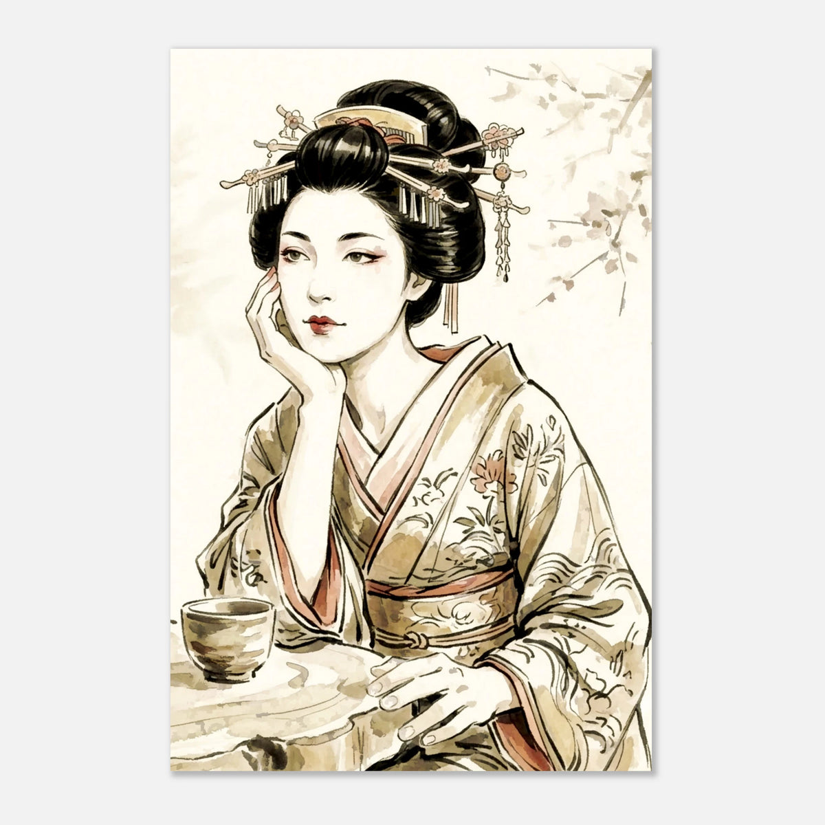 Image of a Geisha seated at a table with a cup of tea resting her chin in her hand.