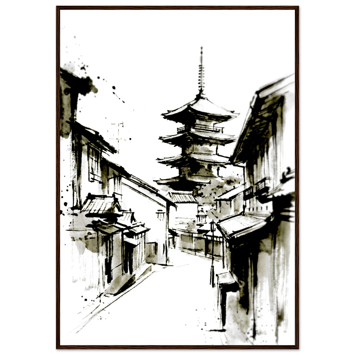 Japanese pagoda town ink wash poster in a dark wood frame, minimalist street scene