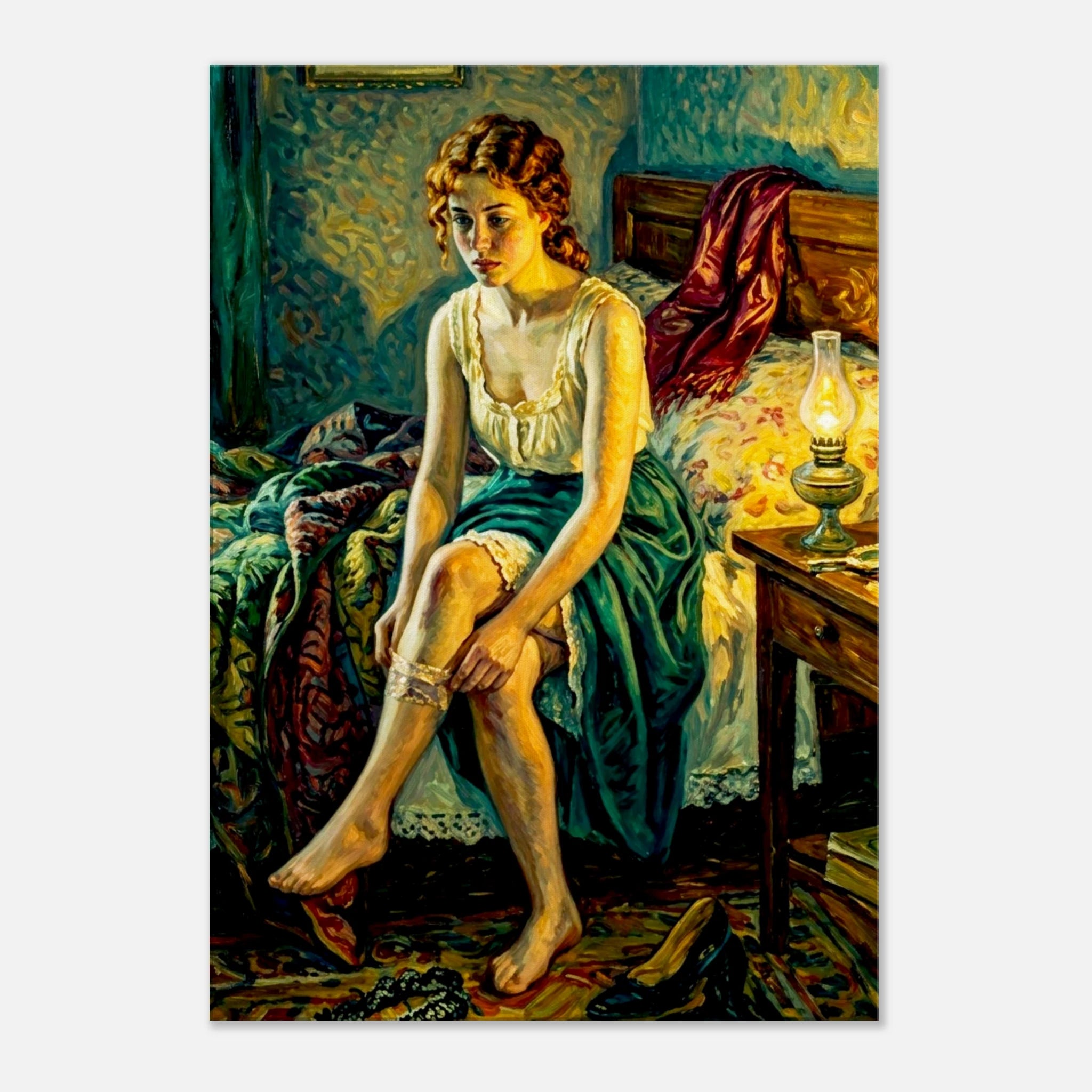 An Impressionist styled Boudoir painting of a woman sitting on her bed pulling up a garter notable red and green colors.