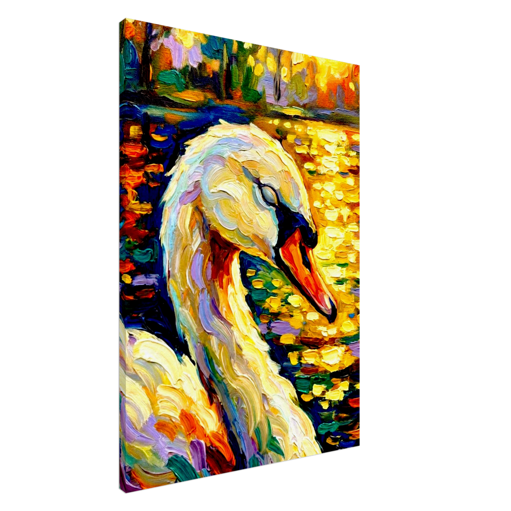 A swan sleeps as the sun rises on the lake, impasto and impressionist effects.