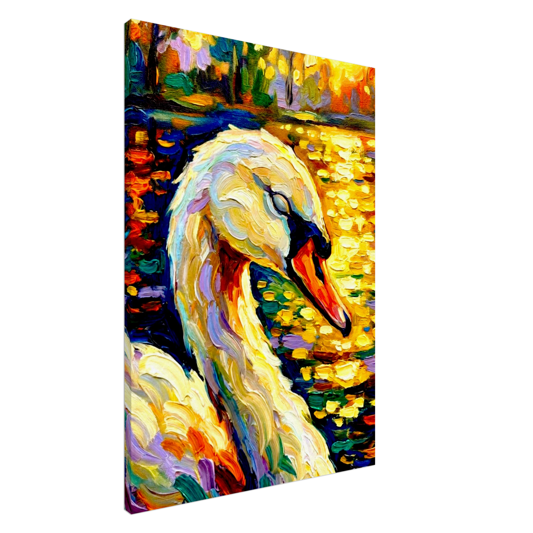 A swan sleeps as the sun rises on the lake, impasto and impressionist effects.