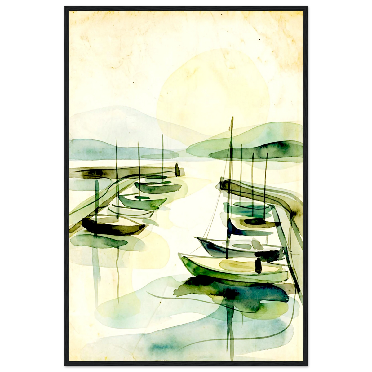 Safe Harbor sailboat watercolor poster in a white frame, minimalist harbor scene