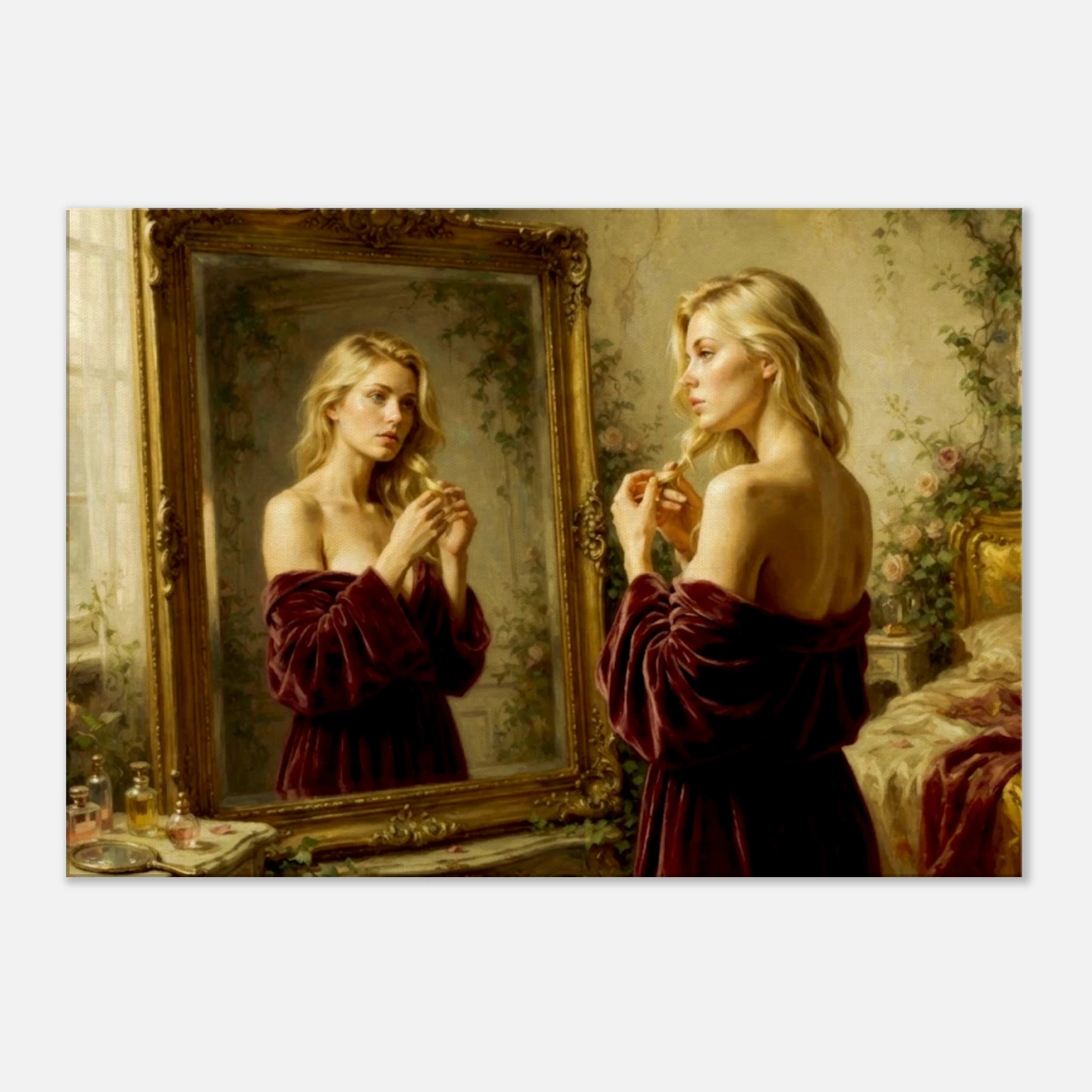 A Woman draped in a red velvet robe stands before a mirror in a floral bedroom.