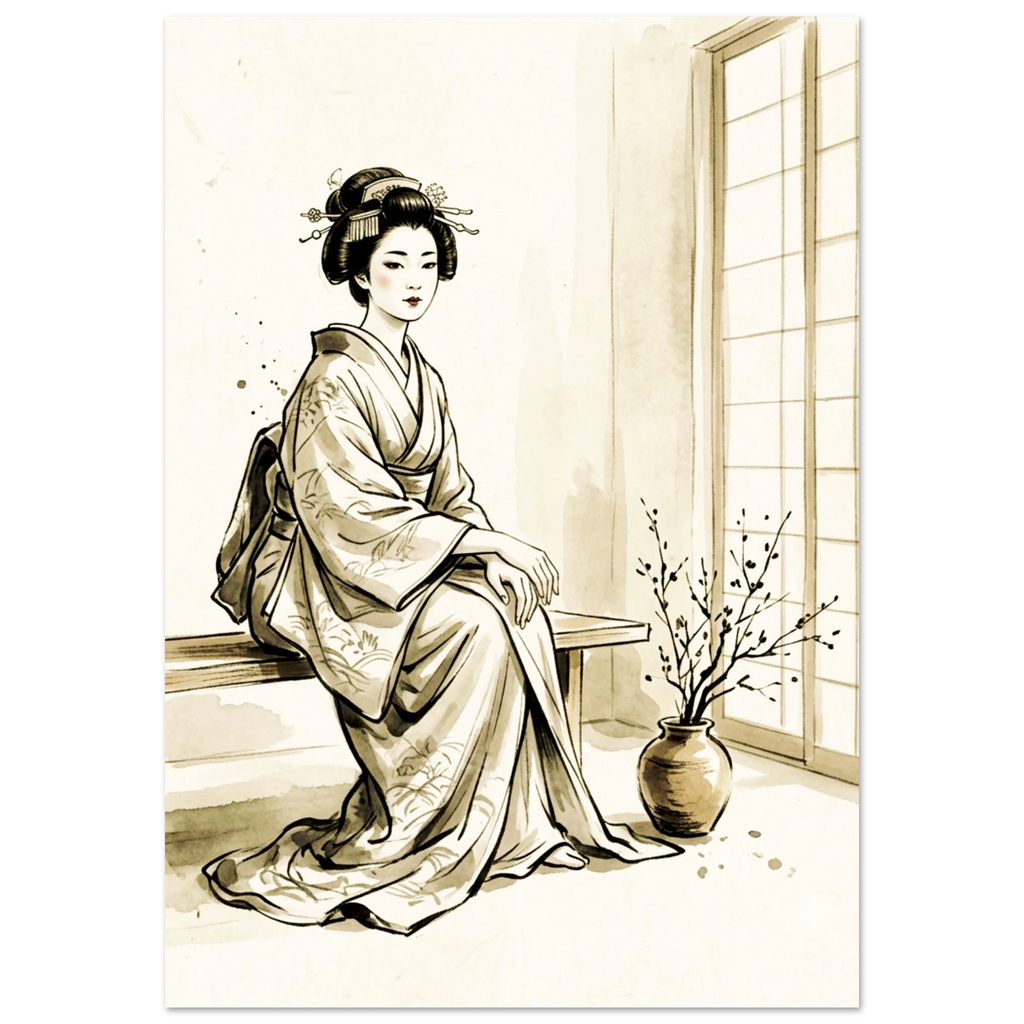 A Japanese Ink Wash style depiction of A Geisha Waiting on a bench beside a door and a wilted blossom.