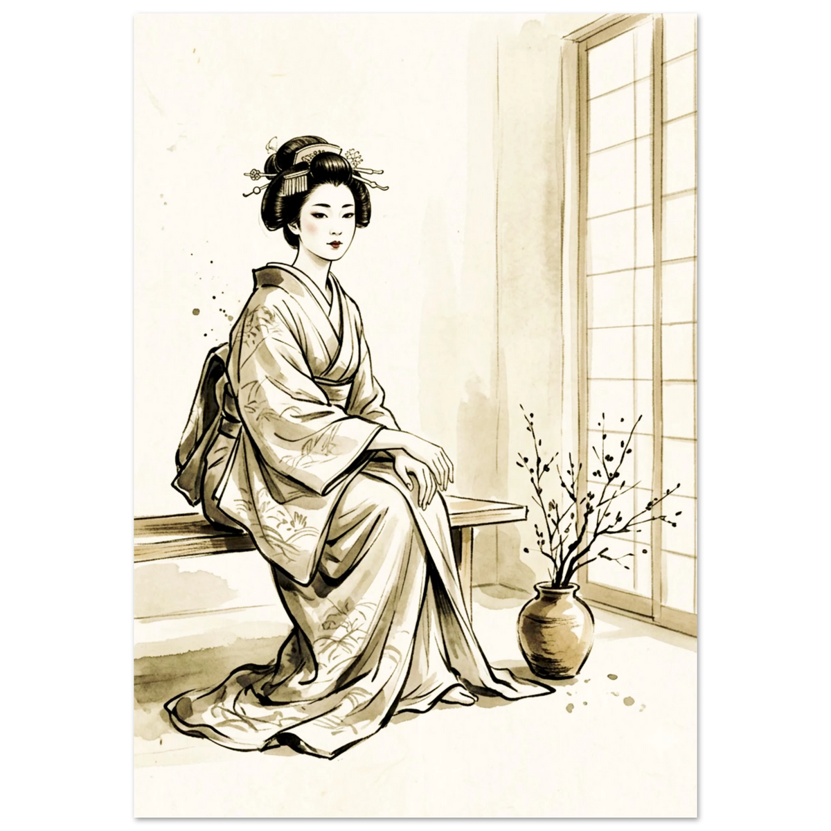 A Japanese Ink Wash style depiction of A Geisha Waiting on a bench beside a door and a wilted blossom.