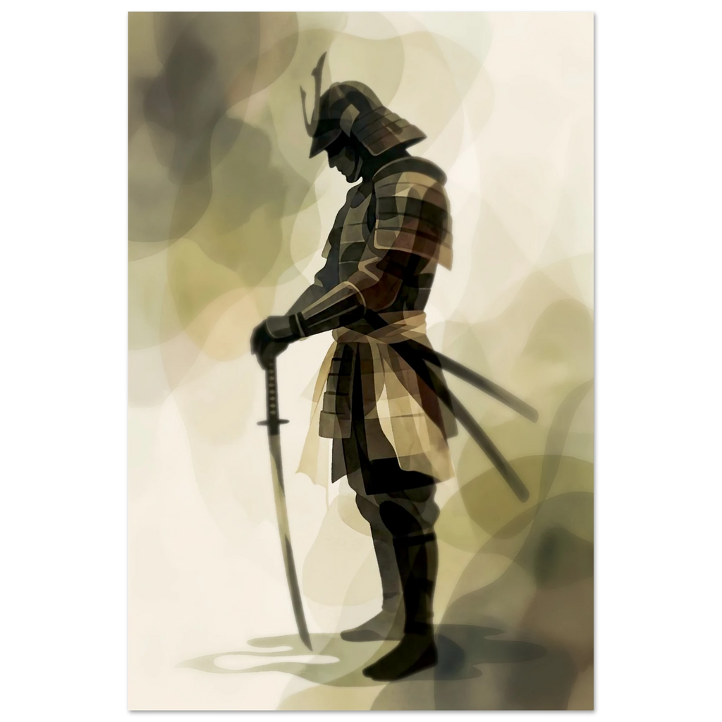 Framed samurai sumi-e poster with thin gray border, ink wash warrior in profile