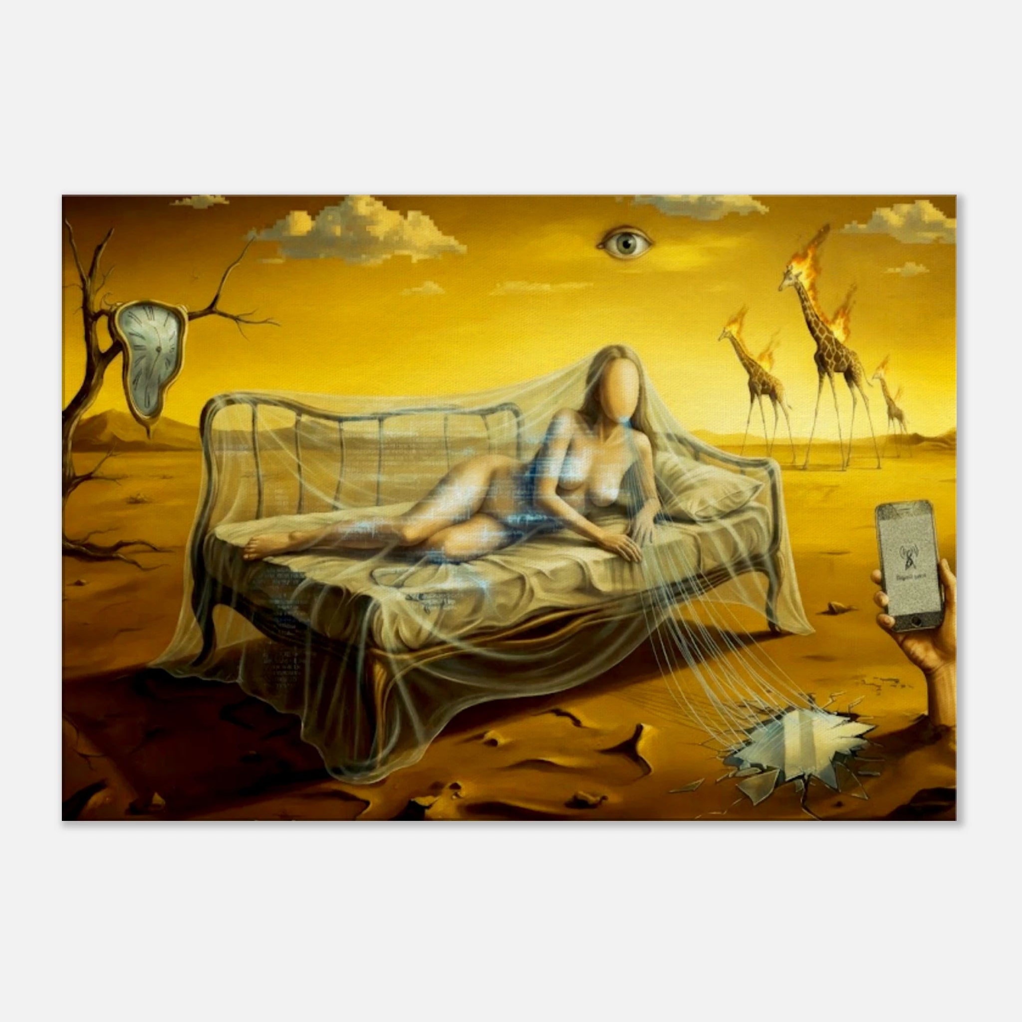 Salvador Dali style Form Study depicting a featureless woman reposing on a bed under a gossamer veil in a burning world.