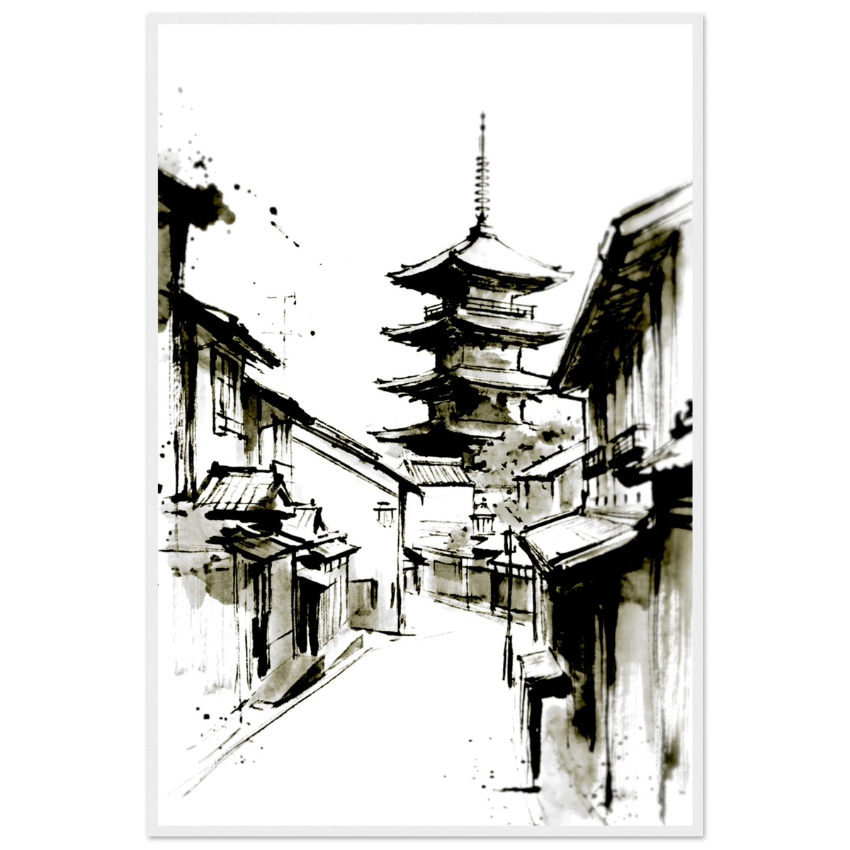 Inkwash poster of a Japanese pagoda town street in a slim gray frame
