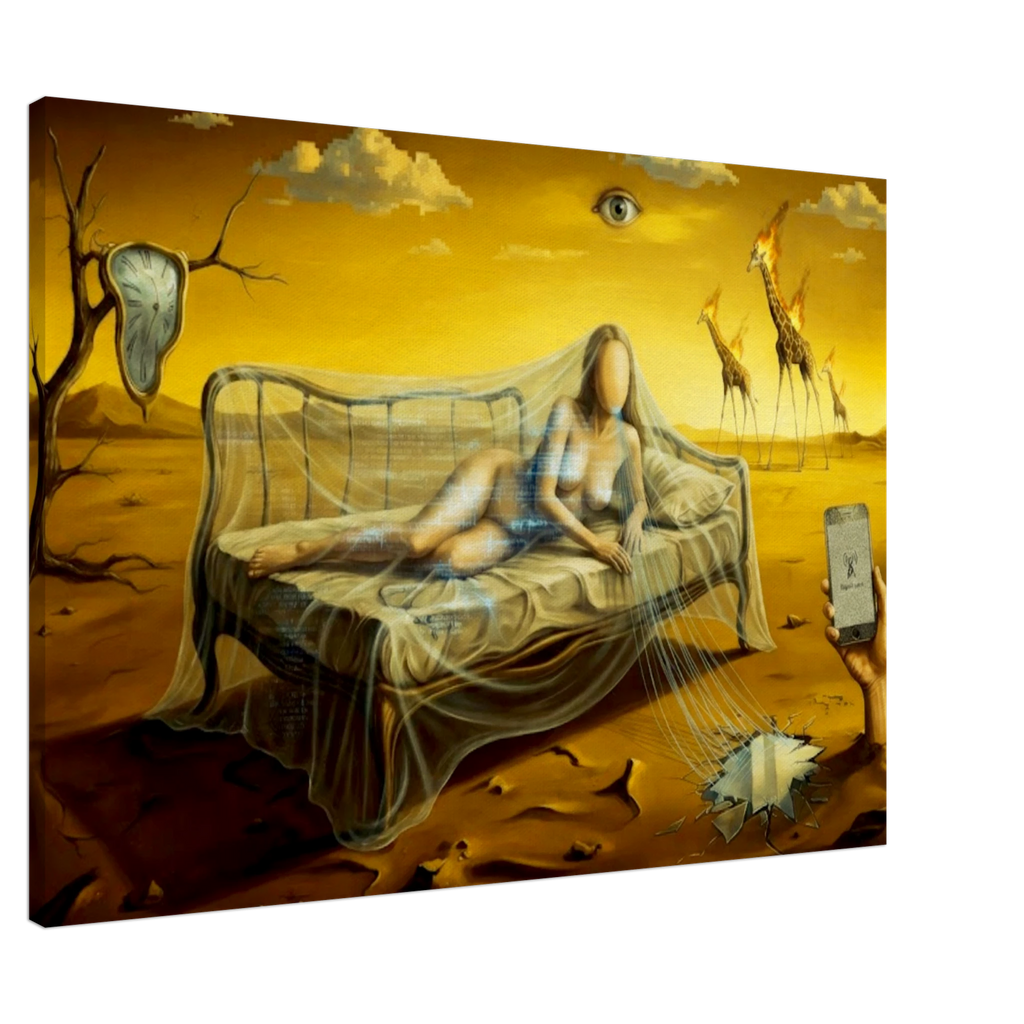 Salvador Dali style Form Study depicting a featureless woman reposing on a bed under a gossamer veil in a burning world.