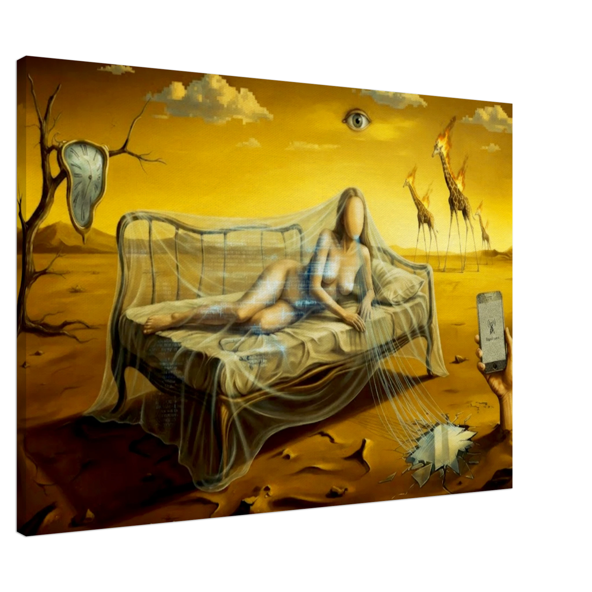 Salvador Dali style Form Study depicting a featureless woman reposing on a bed under a gossamer veil in a burning world.