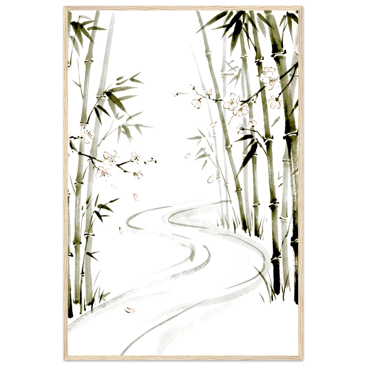 Bamboo forest ink wash poster in a light wood frame with pink blossom accents