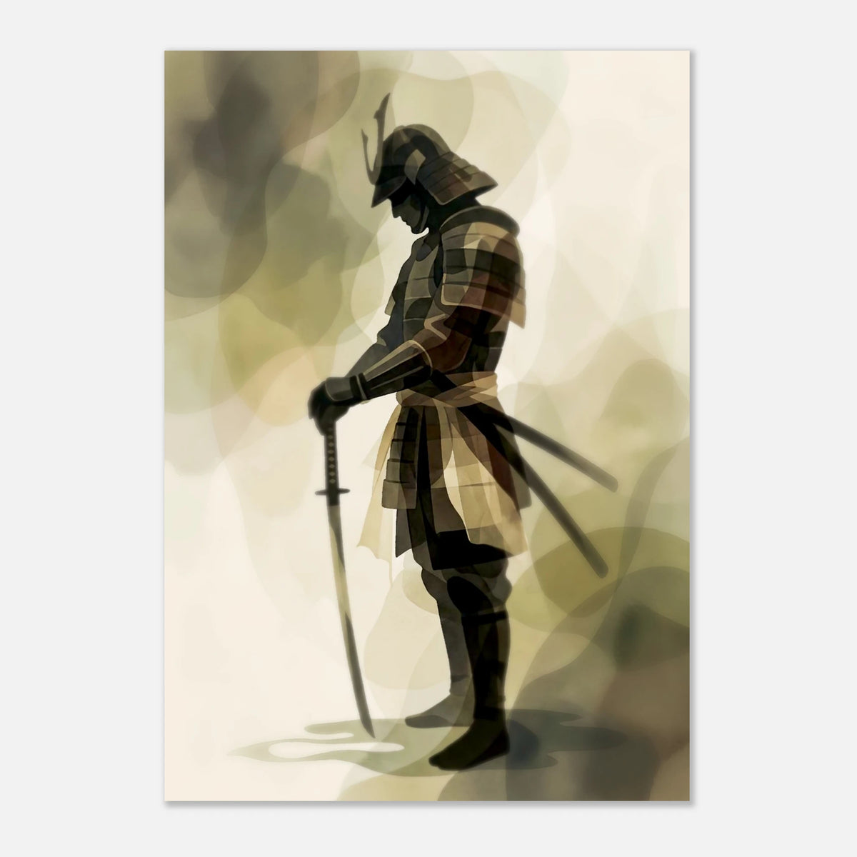 Samurai sumi-e style poster print, minimalist ink wash warrior with katana