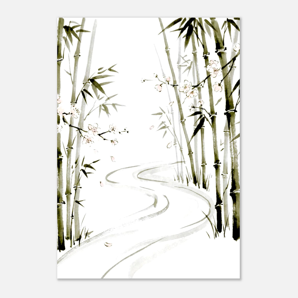 Bamboo blossom forest ink wash poster with dark wood frame, pink blossom accents