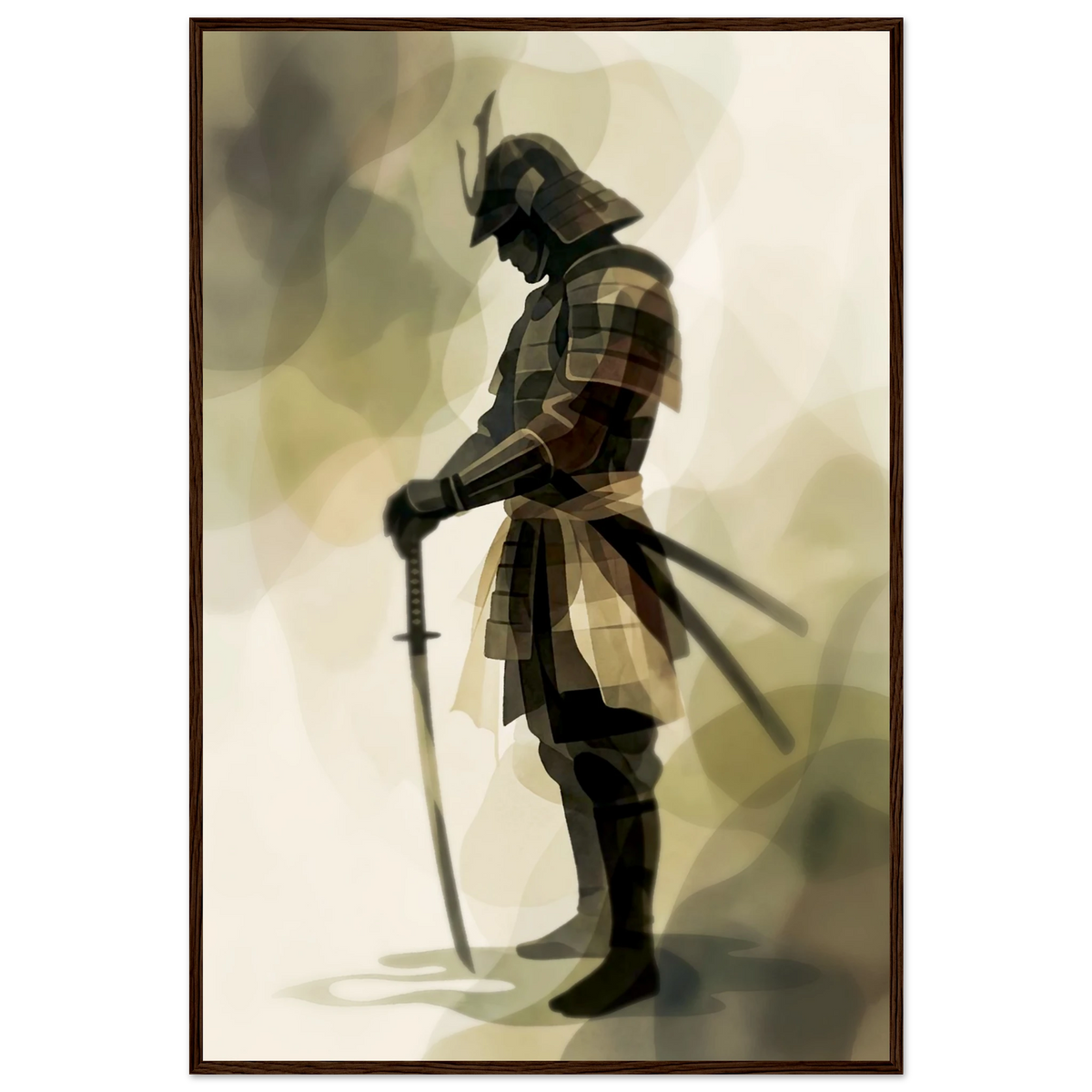 Samurai sumi-e fine art poster in a slim gray frame, armored warrior holding katana