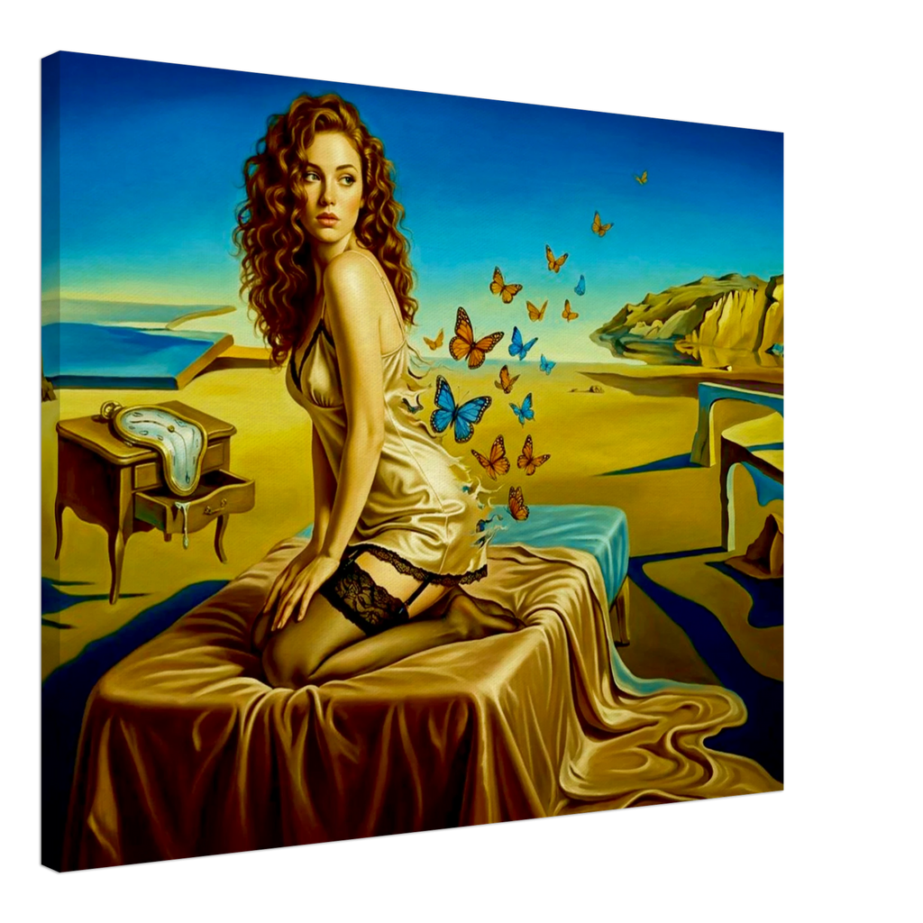 Salvador Dali style Boudoir painting of a woman waiting on a bed in surrealistic landscape surroundings.