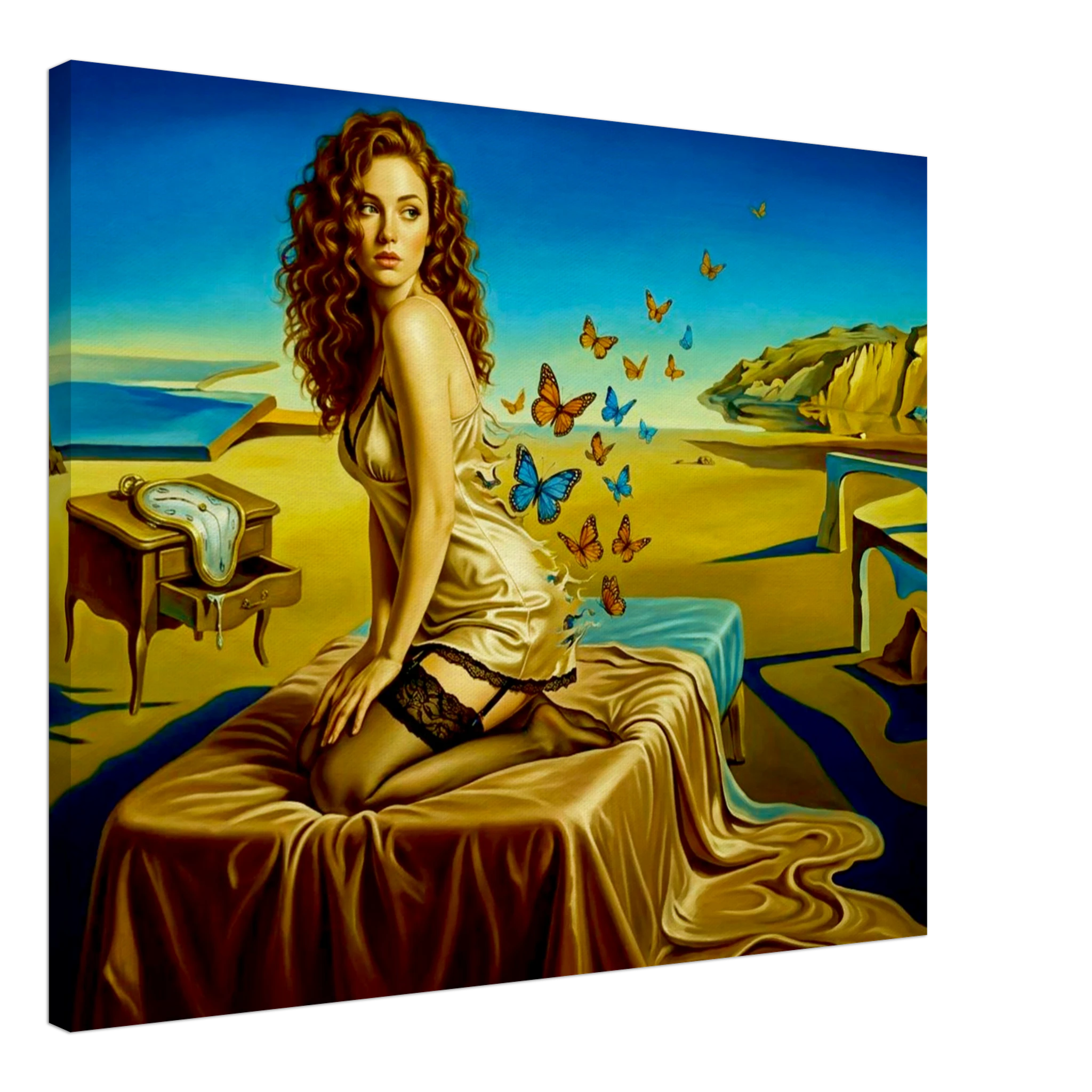 Salvador Dali style Boudoir painting of a woman waiting on a bed in surrealistic landscape surroundings.