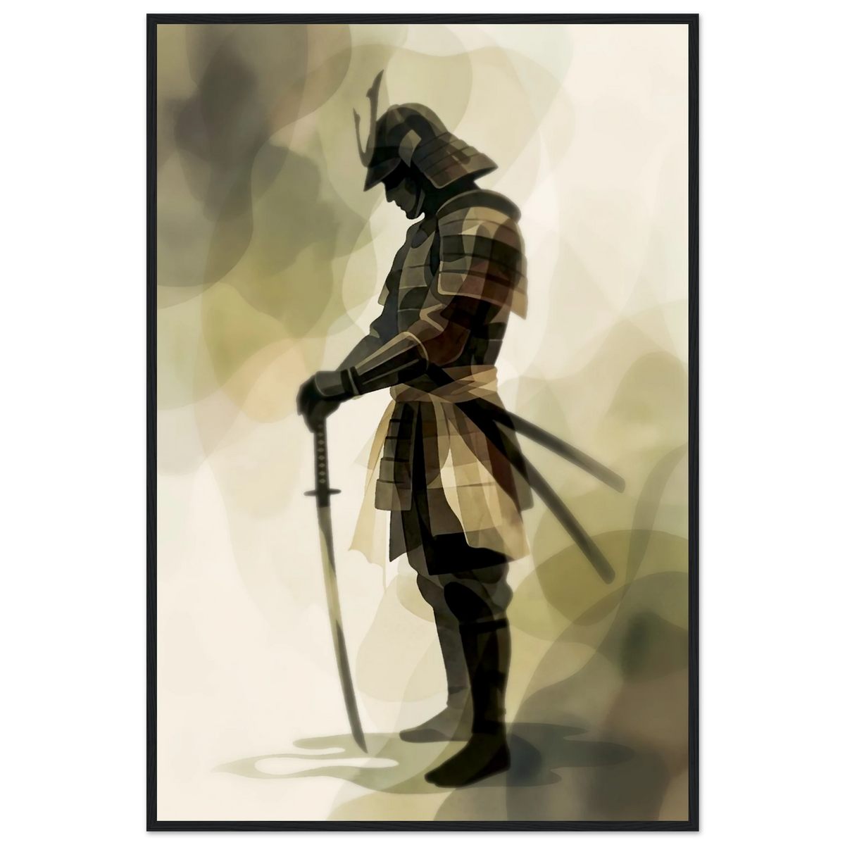 Samurai sumi-e style poster in a black frame, armored warrior holding a katana