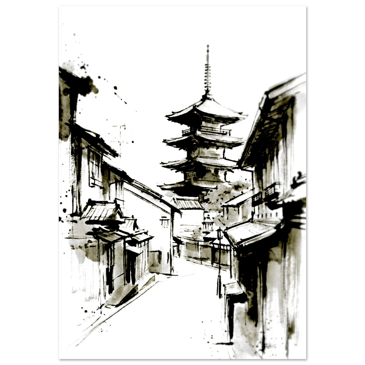 Inkwash town poster in a slim gray frame, Japanese street with pagoda in black ink wash