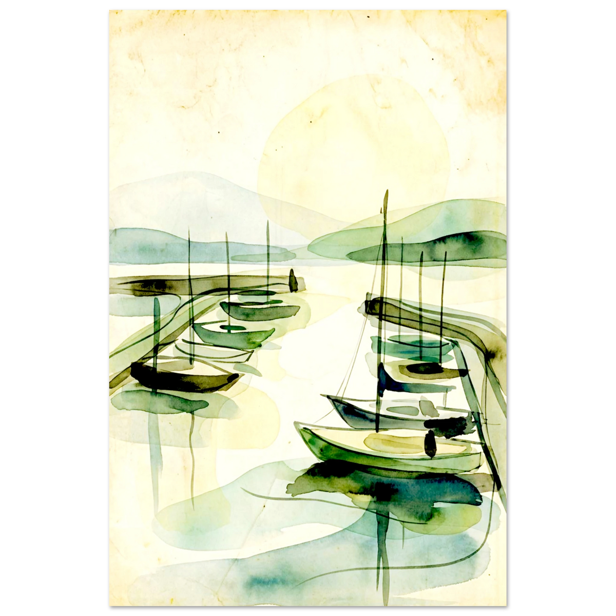 Safe Harbor watercolor poster in a black frame, minimalist sailboats under a pale sun
