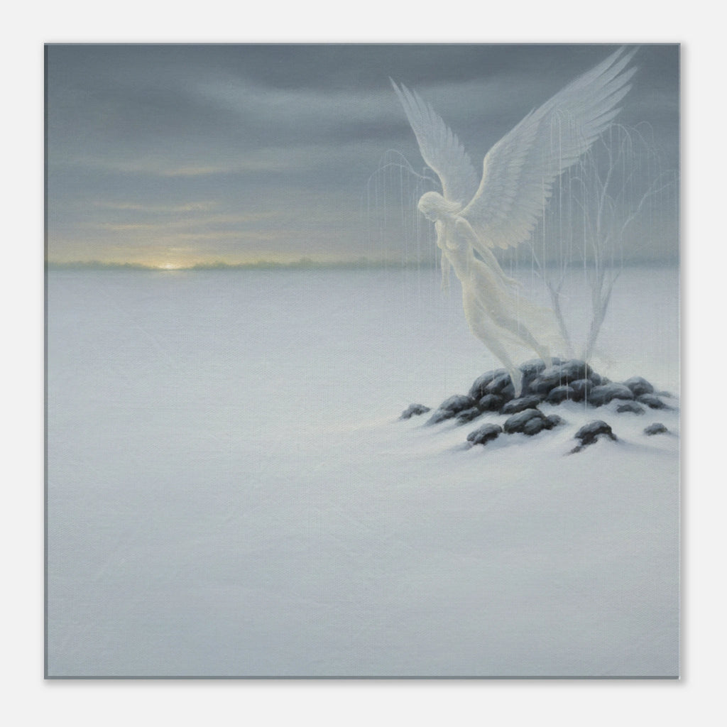 Picture of an angel hovering over an island of rock, across an ocean of snow comes a sunrise.