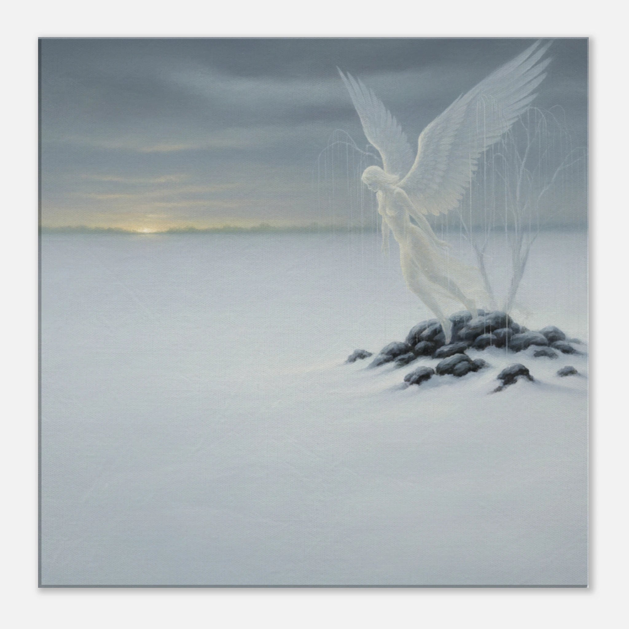 Picture of an angel hovering over an island of rock, across an ocean of snow comes a sunrise.