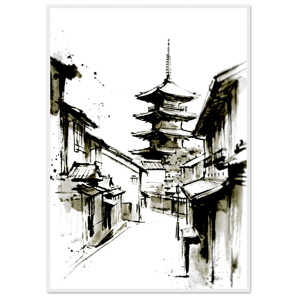 Inkwash Japanese street poster with pagoda in a slim gray frame, black and white