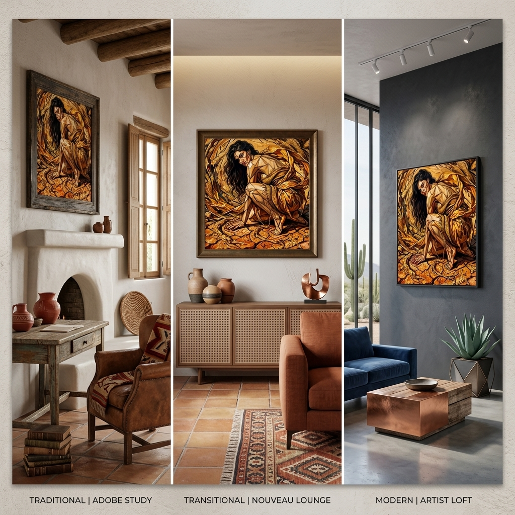 Three interior room scenes each display a framed artwork featuring a crouching female figure in warm golden-brown tones. The left panel is labeled Traditional | Adobe Study, the center Transitional | Nouvelo Lounge, and the right Modern | Artist Loft.