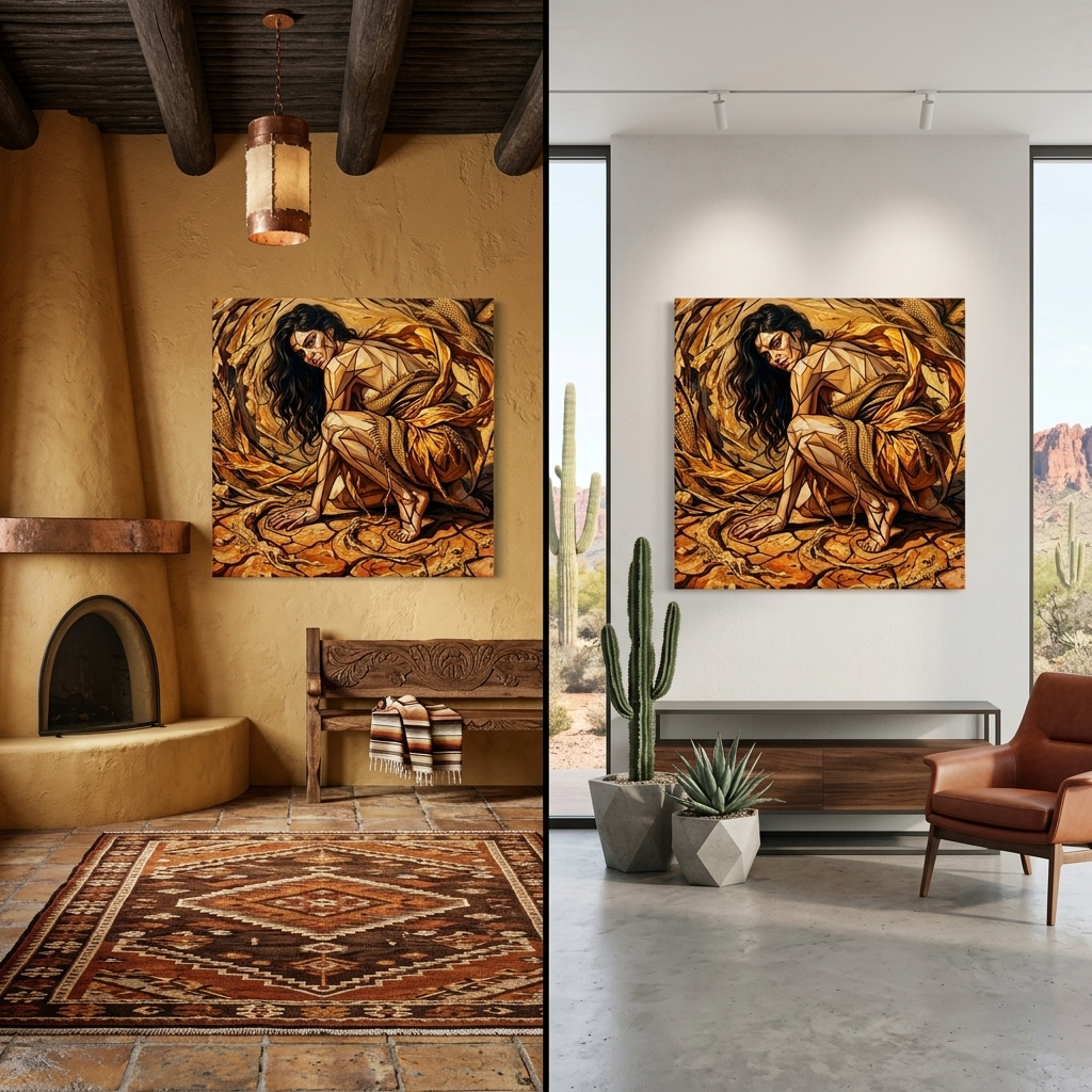 A split-screen interior mockup showing a large square wall art print/canvas hanging in two rooms. The artwork depicts a crouching female figure in warm golden-brown tones with dark hair.