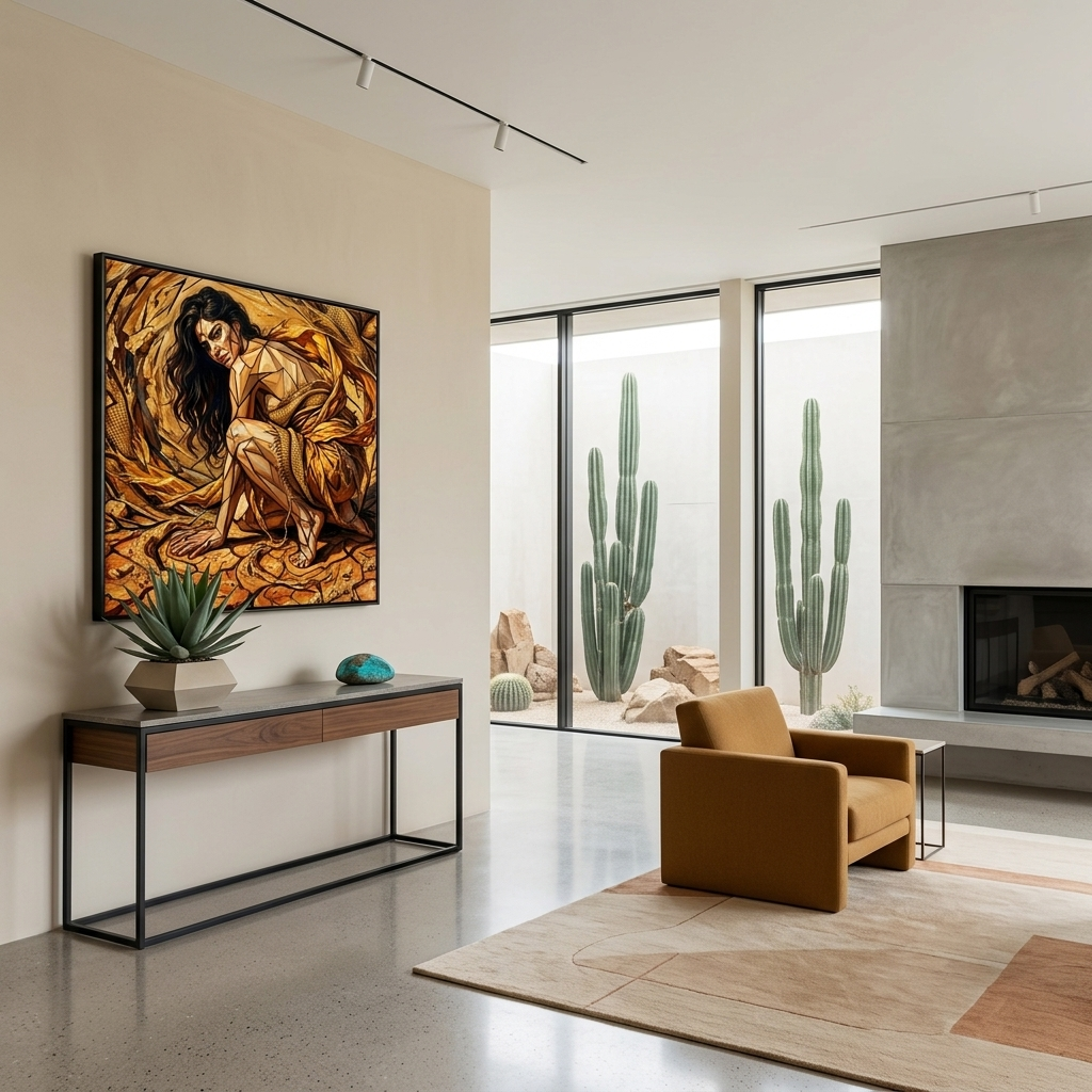 A framed art print depicting a stylized golden woman in a cave hangs on a beige wall in a modern living room with a console table, potted plant, armchair, and large windows overlooking cacti.