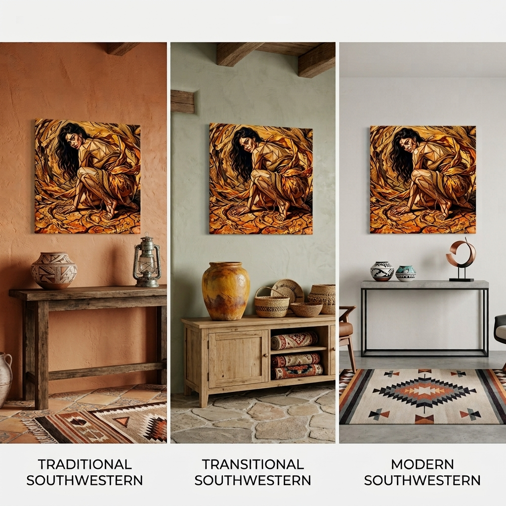 Three interior room scenes showing the same wall art in different decor styles, labeled Traditional Southern Western, Transitional Southern Western, and Modern Southern Western. The product appears to be a square canvas or print featuring a seated female figure in warm earthy tones.