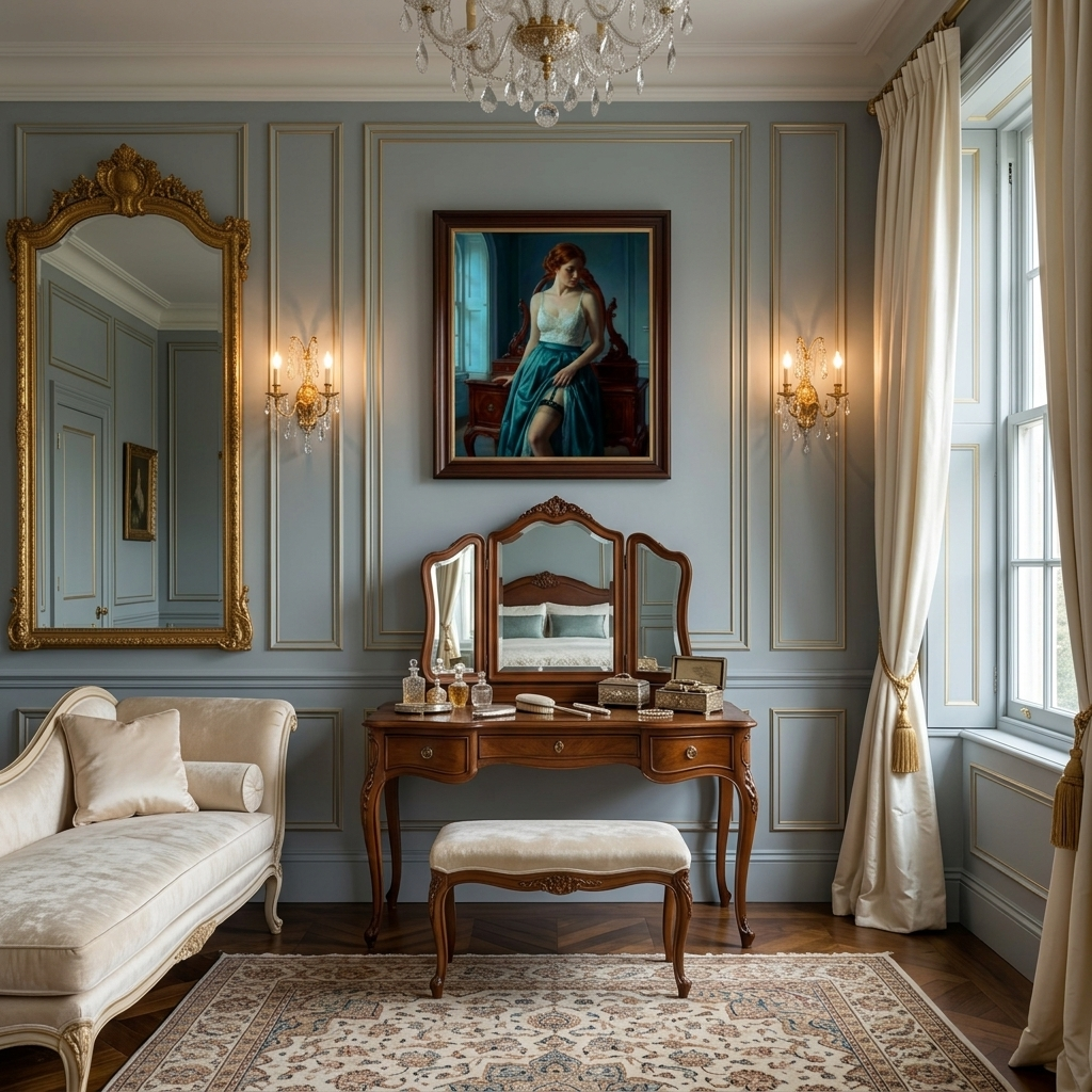 A Neo-Classical themed Boudoir painting with high detail where a woman with red hair reclines against a boudoir set in a modern Victorian style lounge above a boudoir.