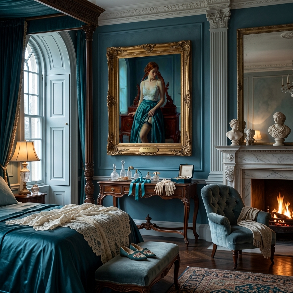 A Neo-Classical themed Boudoir painting with high detail where a woman with red hair reclines against a boudoir set in an opulent victorian style bedroom with a fireplace.